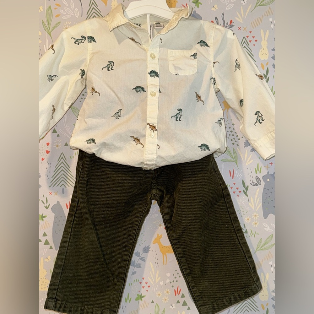 Like New Janie and Jack 2 Piece Boys Dinosaur Button Down w Green Corduroy Pants - Picture 12 of 14